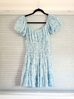 Altar’d State Blue Floral Mini Dress Smocked Puff Sleeve Cottagecore Summer Dres